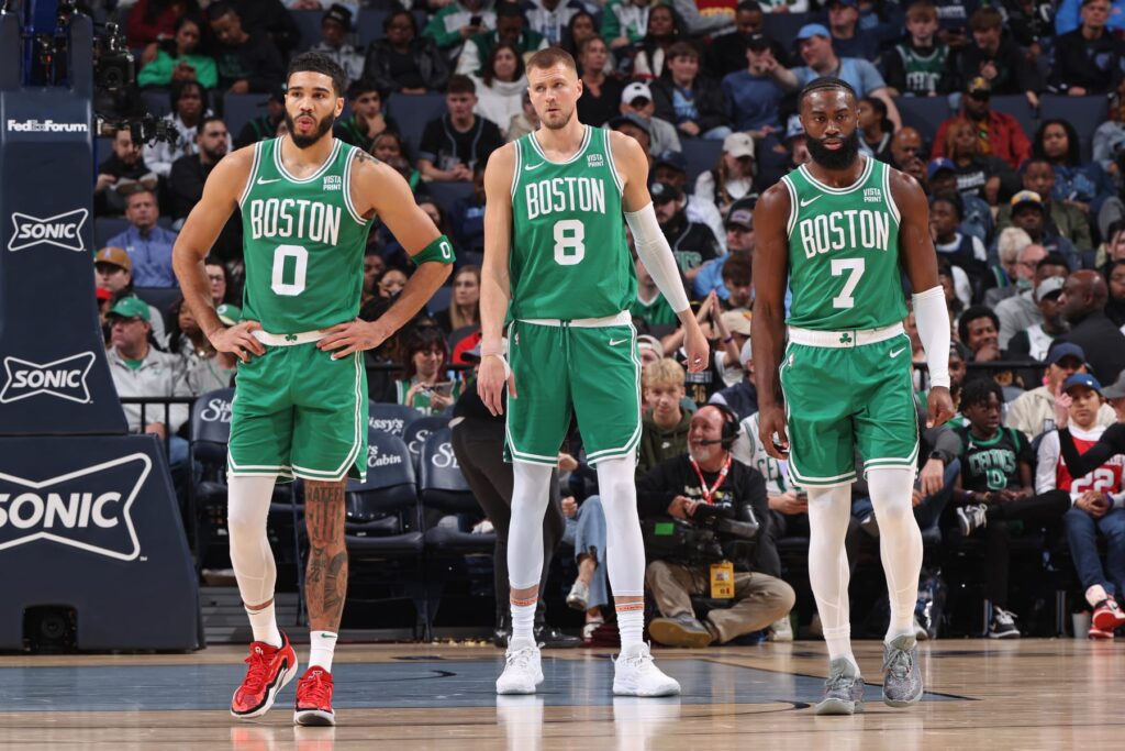 Celtics' Tatum, Brown, and Porzingis.